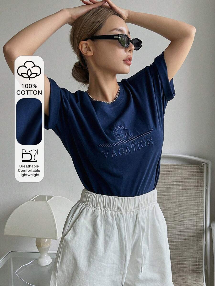 DAZY Camiseta Con Bordado De Letras Y Hombros Caídos - Azul Marino - Ver 1