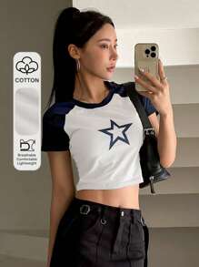 DAZY Star Print Raglan Sleeve Crop Tee Y2k - Blue and White - View 1