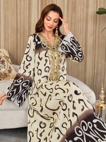 Al Najma 女式印花拼布长袖简约休闲长款阿拉伯连衣裙，阿拉伯连衣裙，端庄 - 彩色 - 查看 8