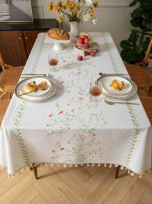 Pink Rose Floral Embroidery Tablecloth, French Countryside Style For Kitchen, Rectangular Coffee Table, TV Cabinet Cover, Holiday Party Birthday Gathering Dinner Table Decor, All Seasons
