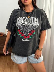 SHEIN EZwear 大码复古褪色老鹰与玫瑰印花宽松棉质 T 恤 - 黑色 - 查看 4