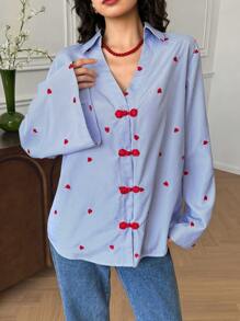 EastFlair New Chinese Style Heart Striped Print V-Neck Flare Sleeve Button Front Ladies Blouse