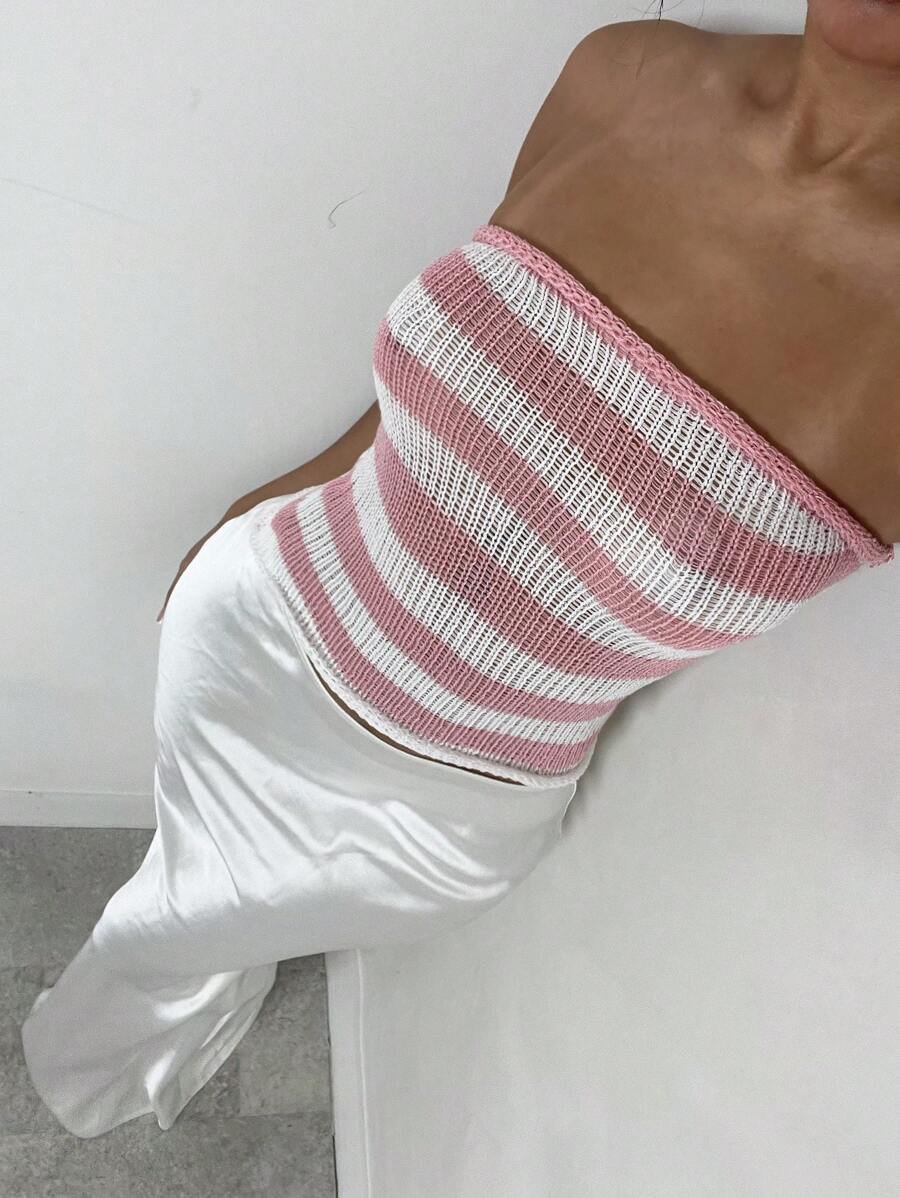 Glamine Women Striped Fitted Cropped Elegant Knit Sweater, Spring/Summer - Multicolor - View 1