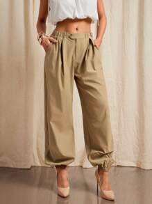 Vixey 松紧腰带休闲宽松慢跑裤，商务休闲女装，女士办公服装，女士工作服，工作裤 - 棕色 - 查看 2