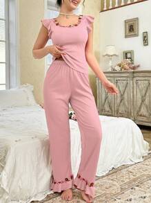 CottageSlumber Women's Floral Embroidery Decor Square Collar Cap Sleeve Long Pants Pajama Set Holiday Season - Baby Pink - View 3