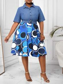 SHEIN Lady Plus Size Denim Patchwork Printed Fabric Knee-Length Dress With Belt Easter Saint Patrick Spring Break - Medium Wash - View 6