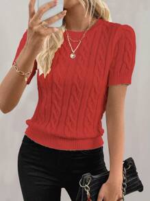 EMERY ROSE Blogger Style Twist Rope Decor Round Neck Knitted Top, Fashionable & Versatile, Autumn/Winter - Red - View 1