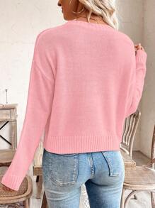 SHEIN LUNE Women's Casual American Flag Graphic Crew Neck Long Sleeve Sweater Knit Pullover Fall Winter - Pink - View 2