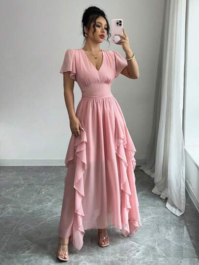 Rafferiza 优雅修身荷叶边下摆连衣裙，法式风格