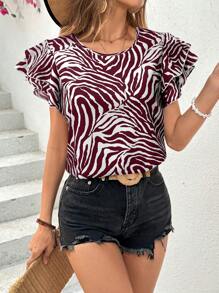 SHEIN Essnce Blusa de cuello redondo con doble capa y mangas cortas con estampado de cebra de verano - Multicolor - Ver 5