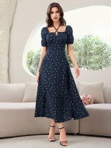 Modelyn 女士方领碎花开衩节日夏季短袖连衣裙长款晚礼服 - 藏蓝色 - 查看 8