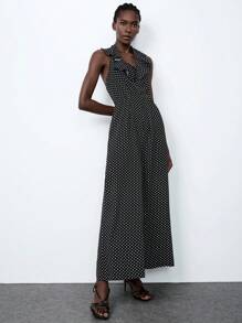 Lumivelle Women's Halter Backless V-Neck Jumpsuit - Black and White - View 4