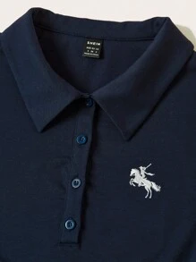 Muchica Áo thun ngắn tay thêu cổ polo màu xanh thường ngày cho nữ - Màu xanh lam - Xem 7