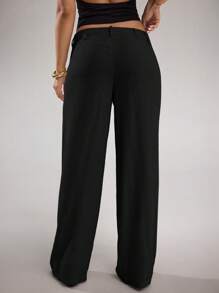 SHEIN BAE Quần ống rộng đơn giản, rộng rãi, màu vải lanh màu mơ cho nữ, cạp thấp, mặc hàng ngày, đi nghỉ và đi làm - màu đen - Xem 4