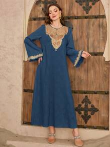 Al Najma Váy dài Thổ Nhĩ Kỳ dành cho nữ & Váy dài truyền thống Ả Rập, Kaftan giản dị - Màu xanh hải quân - Xem 6