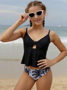 Tween Girls Tankini Bathing Suit ,Solid Ruffled Camisole Top With Coconut Tree Print Bikini Bottom - Black - View 1