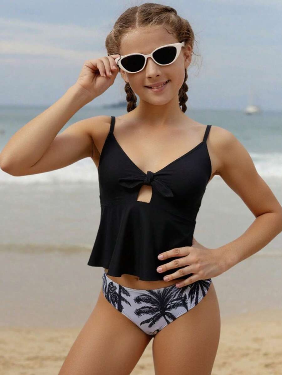Tween Girls Tankini Bathing Suit ,Solid Ruffled Camisole Top With Coconut Tree Print Bikini Bottom - Black - View 1