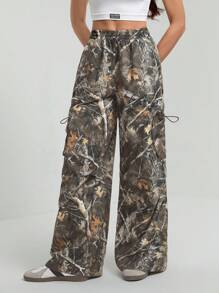 SHEIN Tall Women's Branch Print Baggy Wide Leg Loose Cargo Pants - Army Green - View 7
