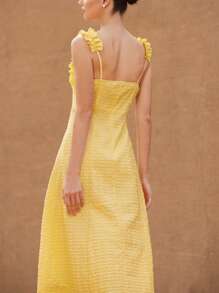 Aveloria Rosie Pale Yellow Asymmetrical Bubble Geometric Embossed Textured Fabric Ruffled Shoulder Strap Romantic Elegant Waisted Vacation Slip Dress For Women  Old Money Style For Summer - Yellow - View 2