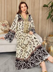 Al Najma 女式印花拼布长袖简约休闲长款阿拉伯连衣裙，阿拉伯连衣裙，端庄 - 彩色 - 查看 5