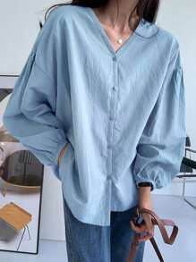 DAZY Women Fashionable Loose All-Match Solid Color Shirt For Everyday Wear,Fall Clothes Long Sleeve Top - Blue - View 6