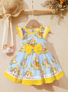 SHEIN Leap Crew Young Girl Cute Sweet Easter Rabbit Print, Bowknot , Sweet Bowknot Cartoon Print Fashion Dress, Suitable For Autumn And Winter