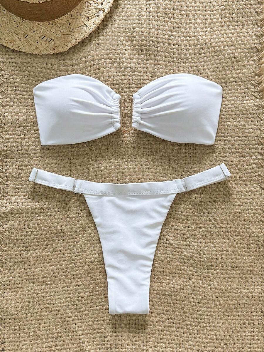 Swim Mod Springbreak 女士夏季纯色抹胸金属装饰上衣和丁字裤比基尼 2 件套，简约 - 白色 - 查看 1