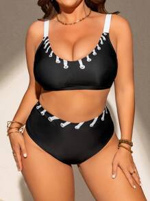 SHEIN Swim Curve Plus Size Women 2 Pieces Solid Color Floral Print Elastic Sports Beach Swimwear Set For Summer Beach Vacation - Black - View 5