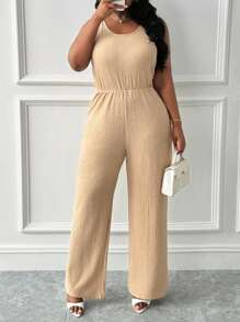 Slaydiva 女式大码休闲基本款纯色无袖 U 领系腰超长连体裤，针织面料，春夏