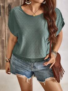 SHEIN LUNE Plus Size Women's Bohemian Short Sleeve Green T-Shirt Top For Music Festival In Spring And Summer Loose Crew-Neck Casual T-Shirt Hem Tightening Holiday Casual T-Shirt