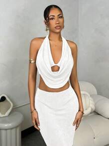 SHEIN BAE 一套女士深V领露背吊带背心+紧身低腰裙 - 白色 - 查看 4