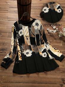 Mulvari Camiseta casual de manga larga con cuello redondo y estampado floral para tallas grandes - Multicolor - Ver 1