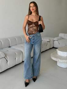 Aloruh Sexy Lace Sheer One-Piece Bodysuit For Summer - Coffee Brown - View 4