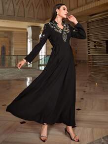 Layrah Women's Elegant Long Sleeve V-Neck Rhinestone Decorated Arabic Style Long Dress - Black - View 3