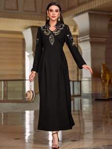 Layrah Women's Elegant Long Sleeve V-Neck Rhinestone Decorated Arabic Style Long Dress - Black - View 6