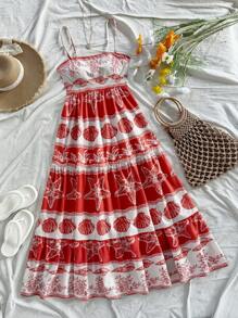Soleia Vestido largo de línea A con estampado de elementos oceánicos en rojo y albaricoque para mujer, vestido casual de verano sin mangas con estampado de estrellas de mar, conchas y algas para la playa