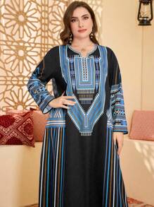 Al Najma 女士印花圆领长袖休闲连衣裙，加大码，阿拉伯风格 - 彩色 - 查看 3