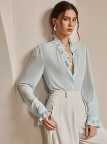 Anewsta Áo cánh tay bèo nhún nhẹ nhàng, đính hạt thủ công thanh lịch dành cho nữ, đi chơi lễ hội, đi nghỉ mát - Màu xanh Bạc hà - Xem 3