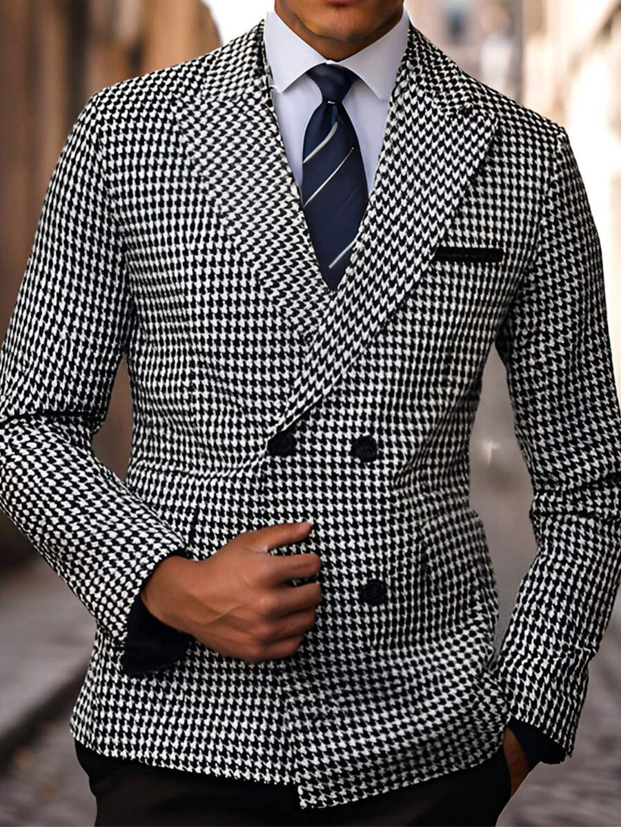 Manfinity Mode Blazer d'affaires casual à manches longues col châle à carreaux pour homme, pour l'automne - Noir et Blanc - Voir 1