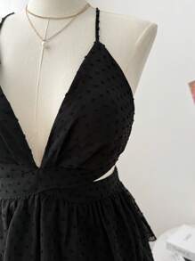 Sweetra 大码女式黑色镂空优雅浪漫度假深 V 领细肩带分层下摆连衣裙 - 黑色 - 查看 5