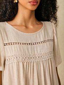 Poéselle 波西米亚风度假宽松衬衫，带蕾丝装饰，亚麻混纺乡村风格，夏季衬衫，短袖，舒适面料 - 杏色 - 查看 4