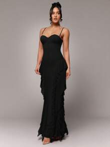 Silquee Váy xòe không tay màu đỏ viền bèo nhún kim loại điểm nhấn hoa gợi cảm thanh lịch, thích hợp cho tiệc cocktail, hẹn hò lãng mạn, váy đan lưới, tiệc tùng, tụ họp trang trọng, phù dâu, đi chơi đêm, Halloween, Giáng sinh, váy dài thêm váy dạ hội cho nữ váy thanh lịch cho nữ váy dự tiệc cho nữ váy trang trọng cho nữ váy dạ hội thanh lịch cho nữ váy trang trọng cho nữ - màu đen - Xem 5