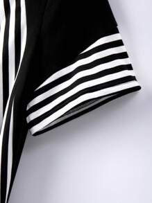 Linhara Plus Size Women's Casual Simple Black And White Contrasting Striped T-Shirt Top - Black and White - View 4