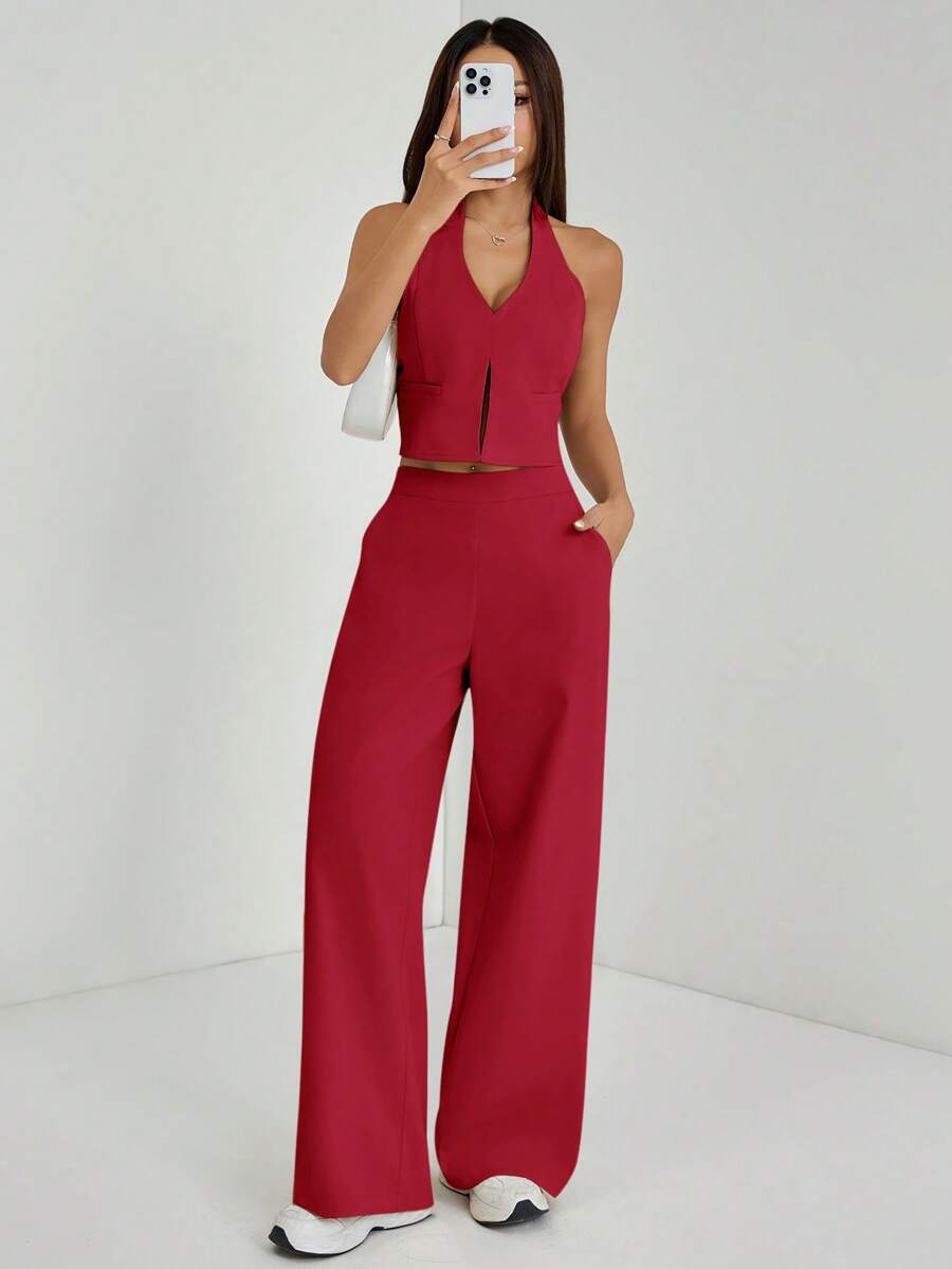 SHEIN PETITE 春夏辦公室女裝 V 領無袖露背上衣搭配寬腿褲，修身顯高街頭穿搭，紅色，適合嬌小女性