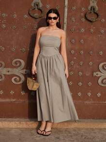 Maija Plus Women Summer Holiday Tube Top Dress - Khaki - View 3