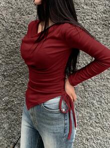 DAZY 女士纯色低胸长袖抽绳休闲 T 恤