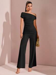 SHEIN BAE 女士不对称肩部褶皱阔腿连体裤，夏季海滩、泳池派对、约会之夜、旅行、度假服装 - 黑色 - 查看 3