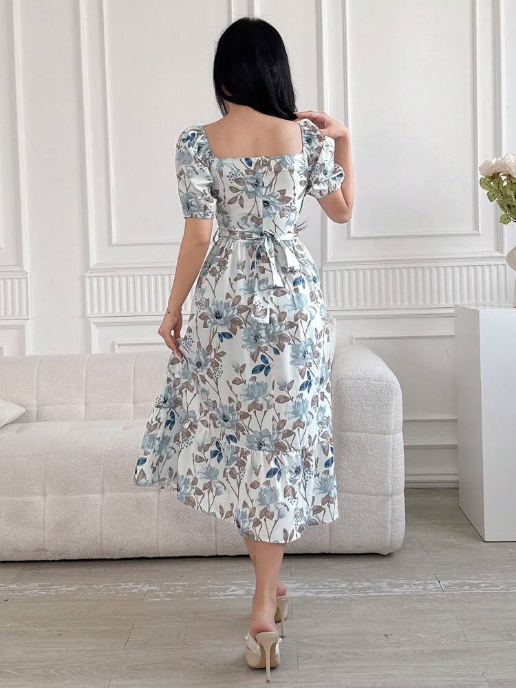 Women Square Neck Floral Print Mid-Calf Dress With Sash Tie Waist, Back To School Clothes, Teacher Outfits Vacation Outfits Women Easter Dress Boho