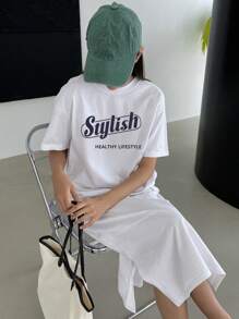 DAZY Slogan Graphic Drop Shoulder Tee Dress Sundress,Casual Women Dresses - White - View 4