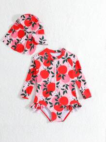 Baby Girl Floral Print Long Sleeve Zipper Front One-Piece Swimsuit, Ruffled Trim, Includes Hat (Random Print) - Multicolor - View 7